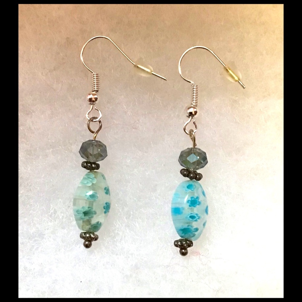 Artisan Crafted 1 1/8” Blue Floral Glass Beads with Sterling Silver EarWires